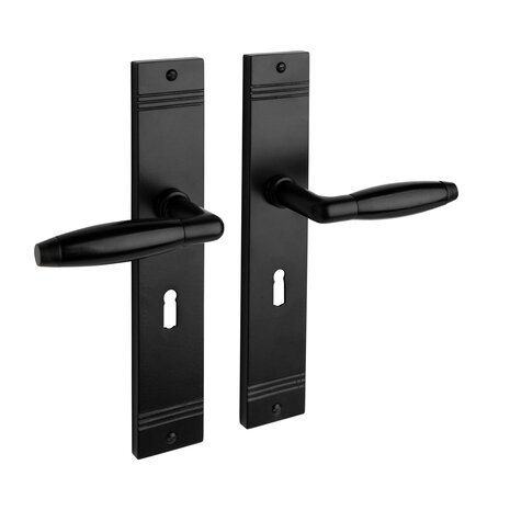 De Oude Deurklink Geveerde klassieke deurklink mat zwart op schild sleutelgat 55mm De Oude Deurklink Geveerde klassieke deurklink mat zwart op schild sleutelgat 55mm