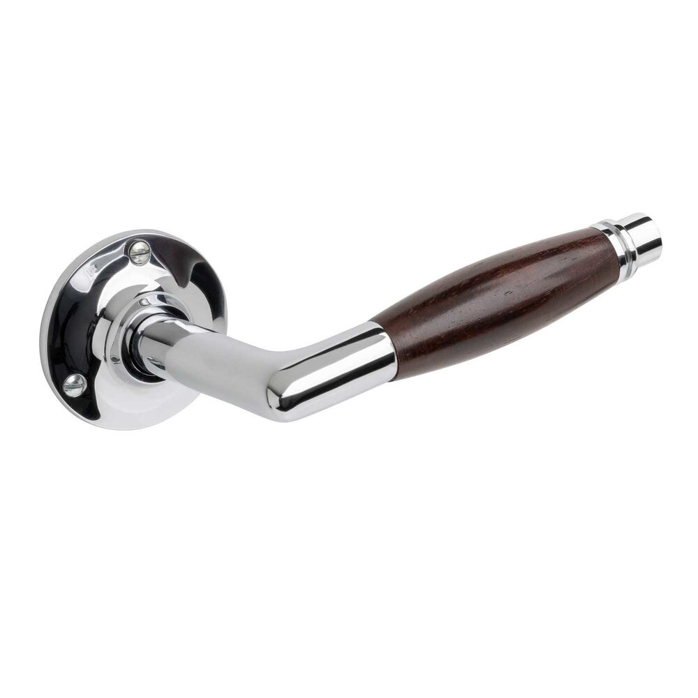 De Oude Deurklink Deurklinken Retro palissander geveerd met ronde rozetten in glanzend nikkel