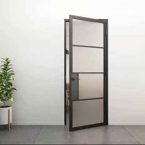 Loftdeur Stalen scharnierdeur mat glas met moderne deurklink Loftdeur Stalen scharnierdeur mat glas met moderne deurklink