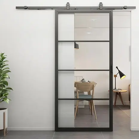 Loftdeur Stalen schuifdeur 4-vaks met helder glas Loftdeur Stalen schuifdeur 4-vaks met helder glas