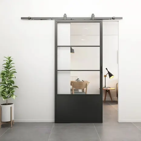 Loftdeur Stalen schuifdeur 3-vaks kickplate helder glas Incl. schuifdeursysteem Loftdeur Stalen schuifdeur 3-vaks kickplate helder glas Incl. schuifdeursysteem