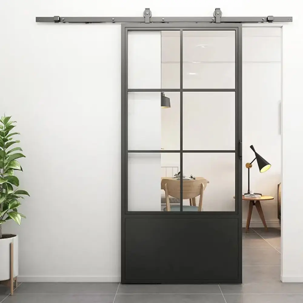 Loftdeur Stalen schuifdeur 6-vaks met helder glas en kickplate