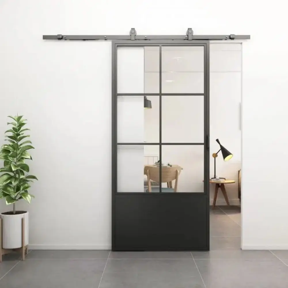 Loftdeur Stalen schuifdeur 6-vaks met helder glas en kickplate