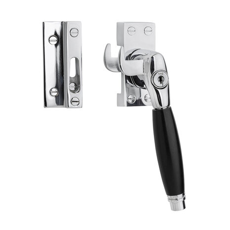 De Oude Deurklink Klassieke raamsluiting glanzend nikkel met slot en ventilatiestand rechts De Oude Deurklink Klassieke raamsluiting glanzend nikkel met slot en ventilatiestand rechts