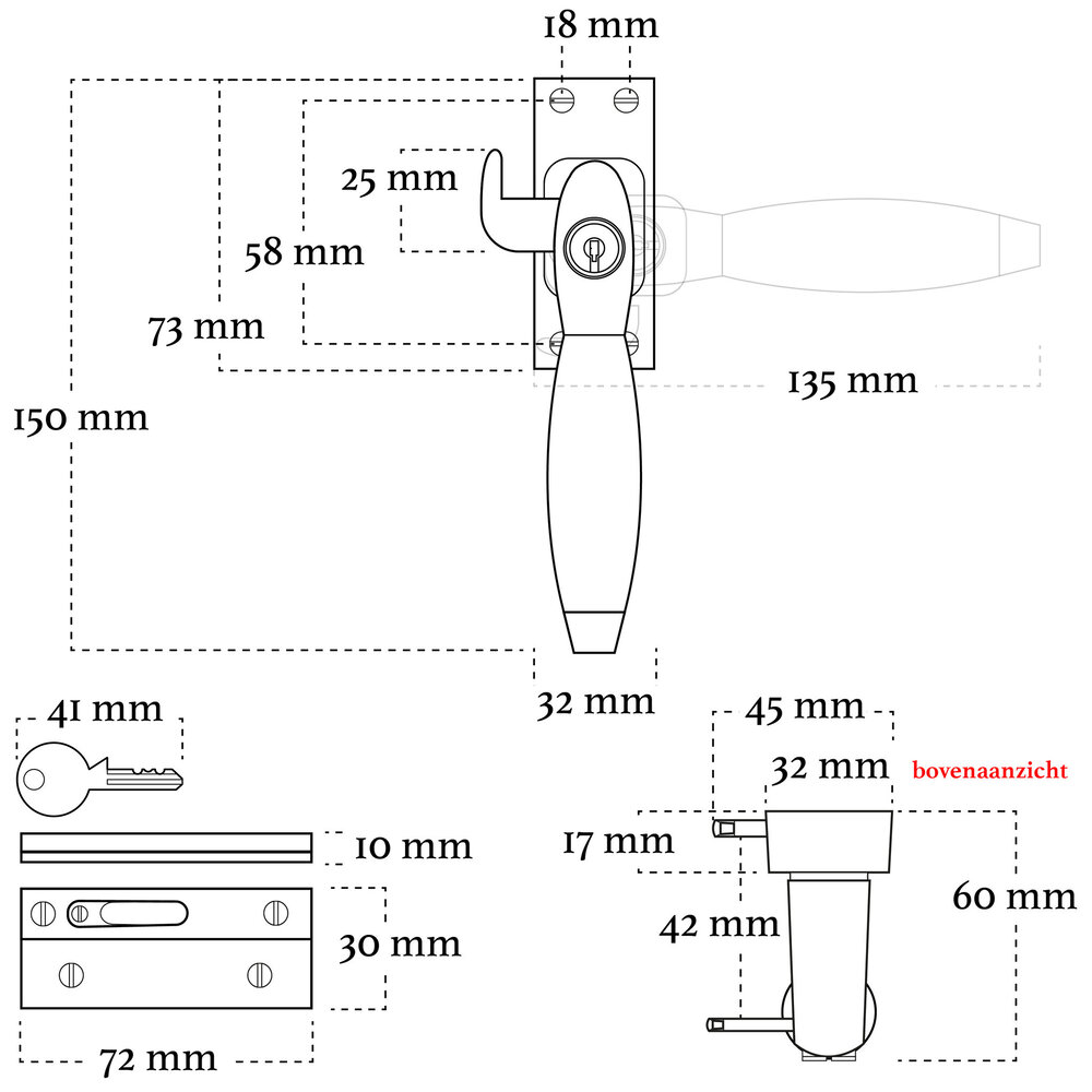 De Oude Deurklink Klassieke raamsluiting glanzend nikkel met slot en ventilatiestand rechts De Oude Deurklink Klassieke raamsluiting glanzend nikkel met slot en ventilatiestand rechts