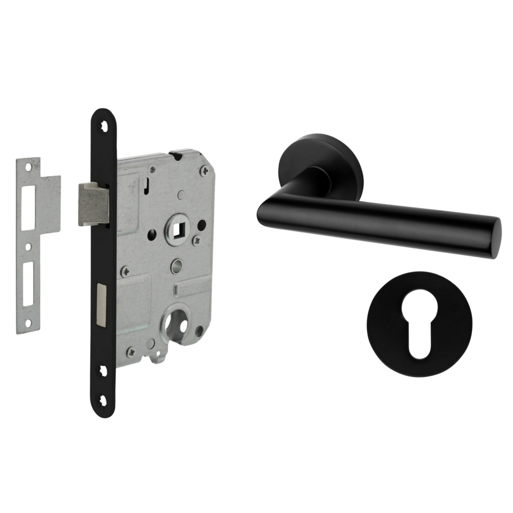 Mooi Deurbeslag Deurbeslag set met slot, cilinderrozet en deurklink Modern geveerd zwart Mooi Deurbeslag Deurbeslag set met slot, cilinderrozet en deurklink Modern geveerd zwart
