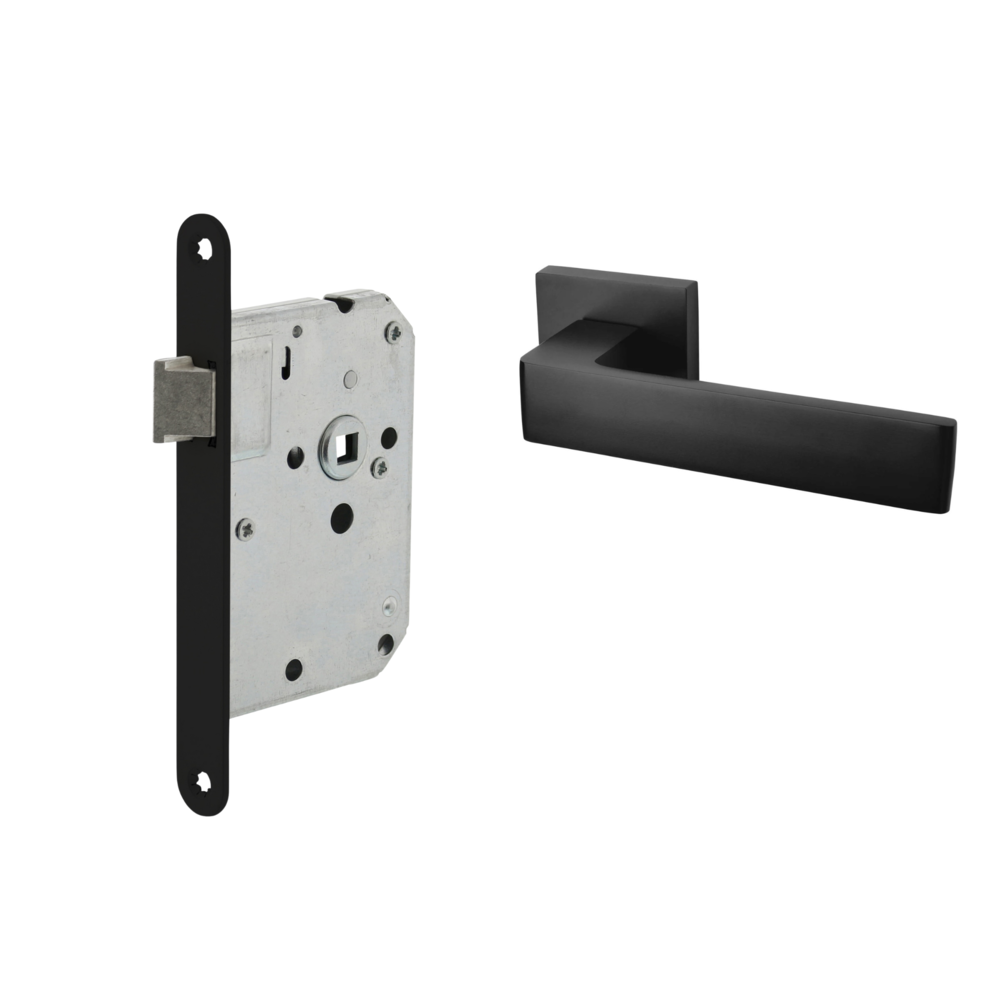 Mooi Deurbeslag Deurbeslag set loopslot en deurklink Nova21 geveerd zwart Mooi Deurbeslag Deurbeslag set loopslot en deurklink Nova21 geveerd zwart