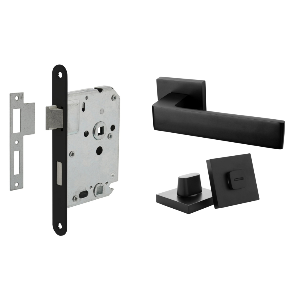 Mooi Deurbeslag Deurbeslag set met WC-slot en deurklink Nova21 geveerd zwart Mooi Deurbeslag Deurbeslag set met WC-slot en deurklink Nova21 geveerd zwart