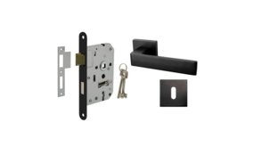 Mooi Deurbeslag Deurbeslag set met slot, sleutelrozet en deurklink Nova21 geveerd zwart Mooi Deurbeslag Deurbeslag set met slot, sleutelrozet en deurklink Nova21 geveerd zwart