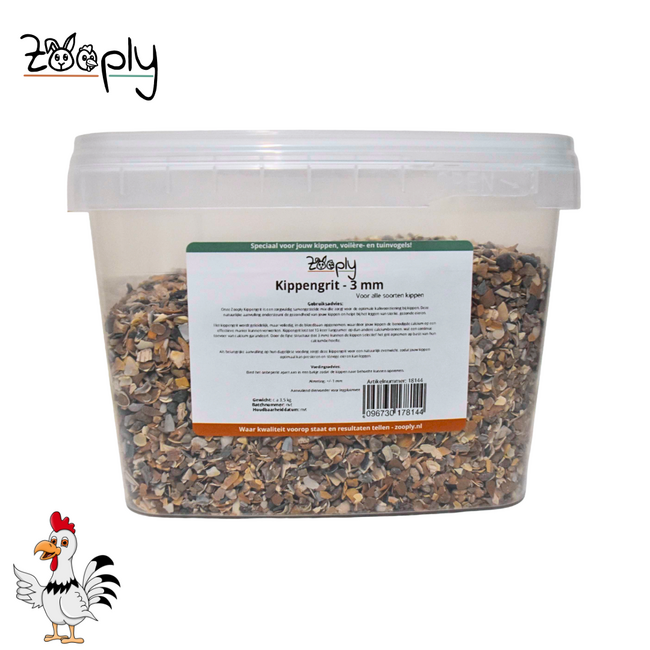 Grit voor kippen – Zorgt voor stevige eieren en extra calcium – 3 mm voor grote kippen – In een handige bak – 3,5 kg