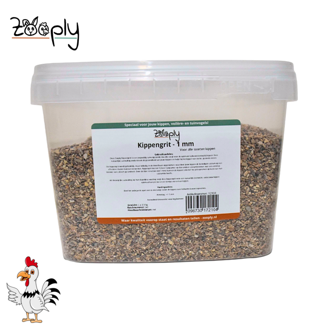 Grit voor kippen – Zorgt voor stevige eieren en extra calcium – 1 mm voor kriel kippen – In een handige bak – 3,5 kg