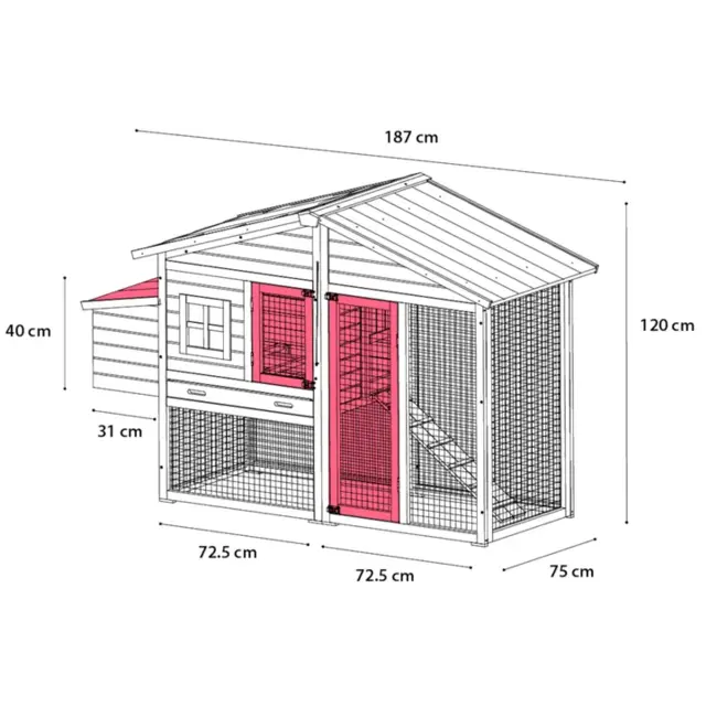 Kippenhok met ren - Handig verblijf voor kippen - 187 x 75 x 122,5 cm - Grijs -