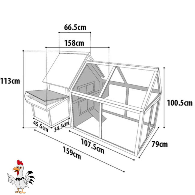 Kippenhok met Ren - Handig Verblijf voor Kippen - 165 x 115,8 x 112,5 cm - Grijs