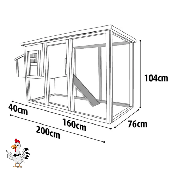 Kippenhok met Ren - Handig Verblijf voor Kippen - 200 x 76 x 104 cm - Bruin