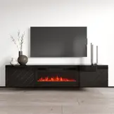Le meuble TV au design moderne avec cheminée électrique mesure 183x34,5x37,3 cm en noir.