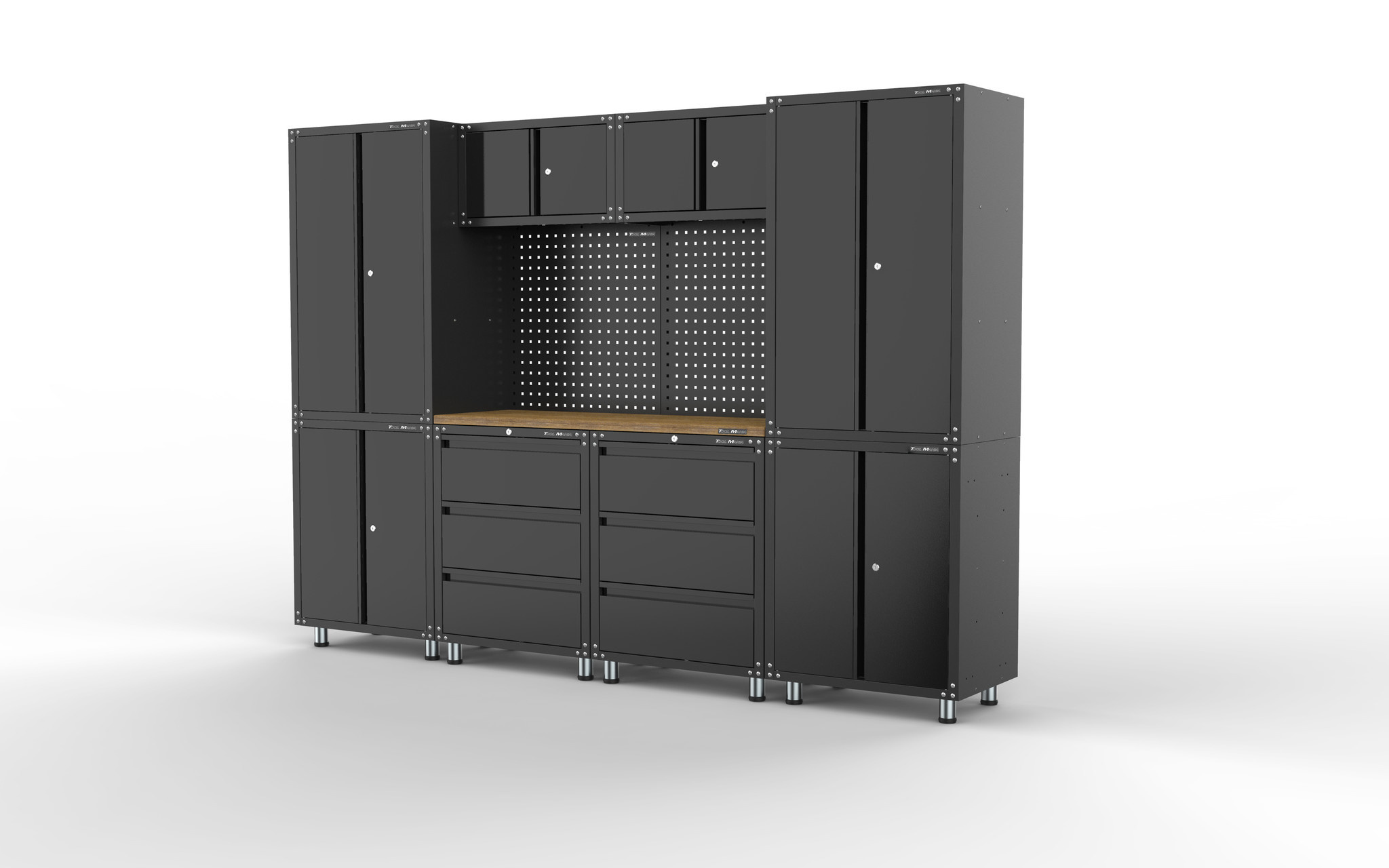 Aménagement d'atelier haut de gamme en noir avec établi et armoires à outils, comprenant 11 pièces