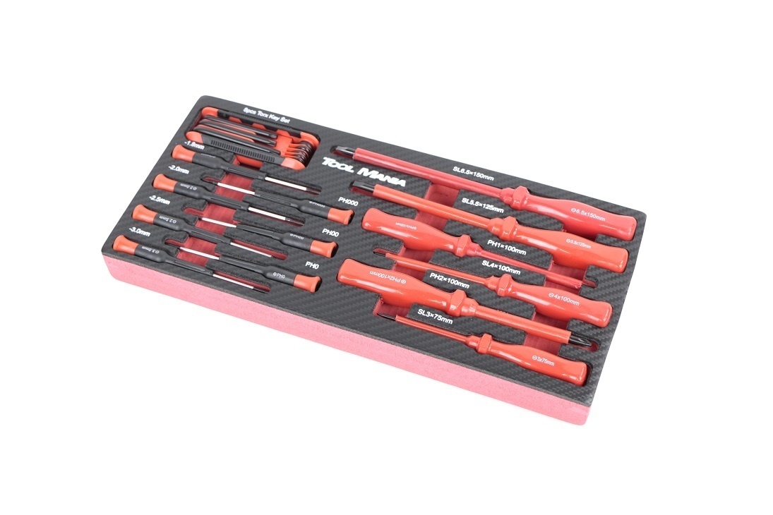 Ensemble de 14 tournevis VDE et tournevis de précision dans un insert en mousse avec un aspect carbone.