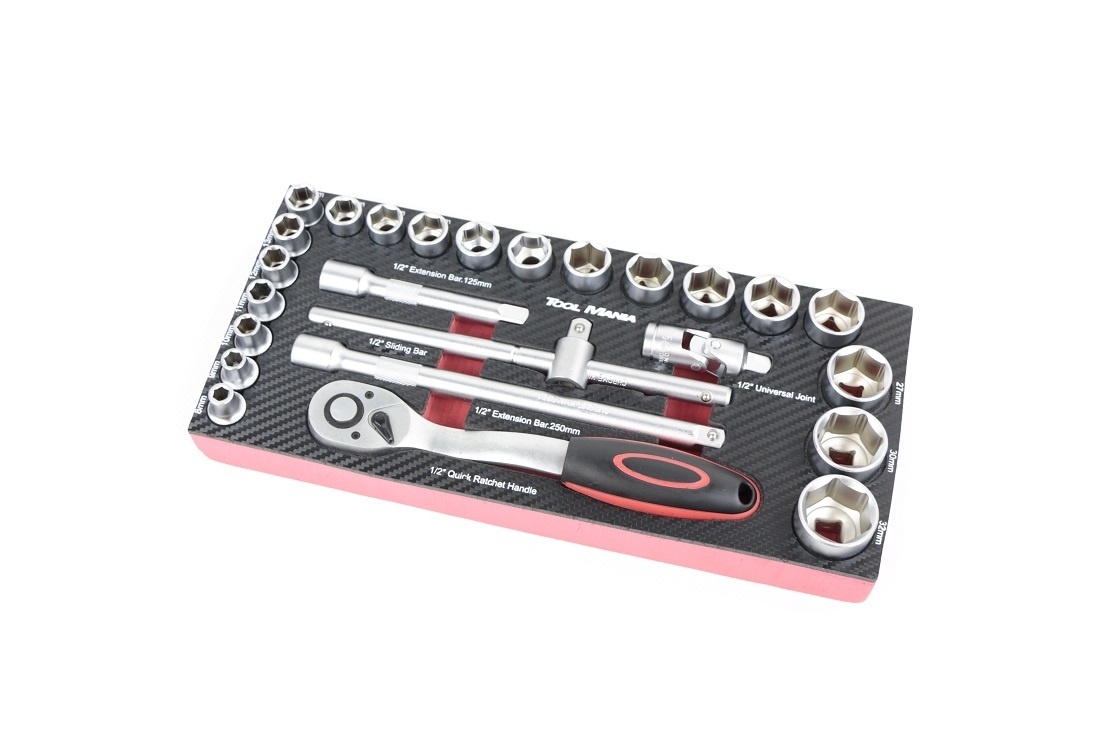 Ensemble de douilles 1/2 pouce en mousse avec insert en imitation carbone, comprenant 26 pièces.