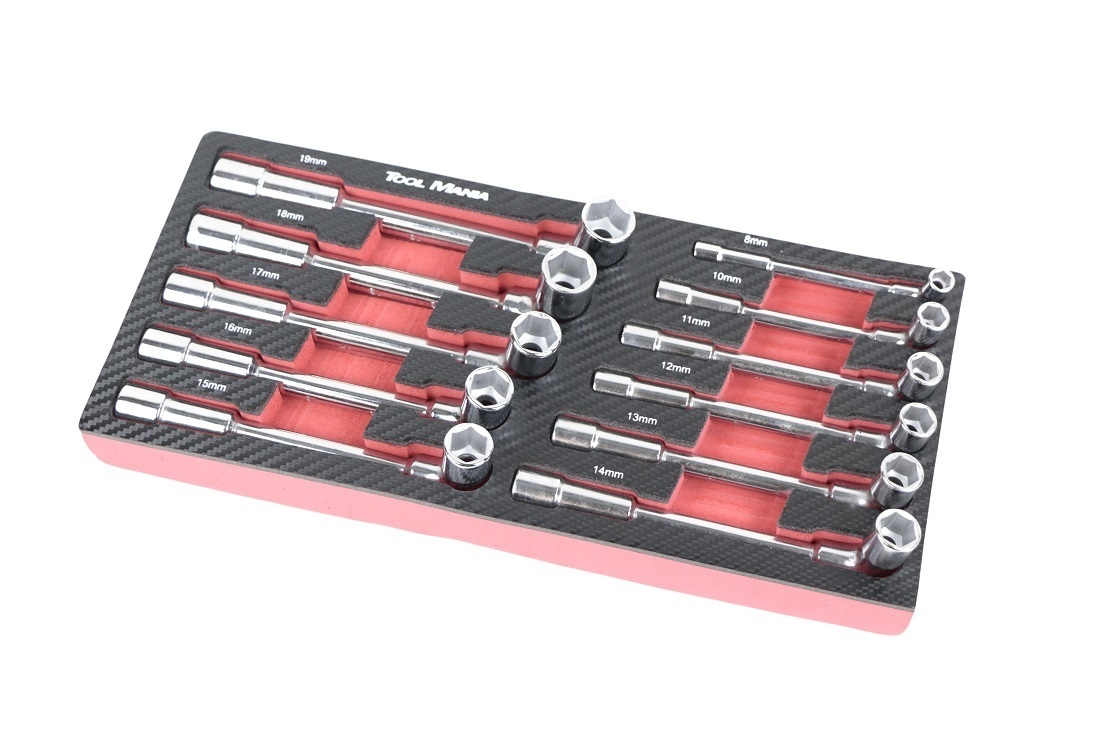 Ensemble de 11 clés à douille en mousse avec insert en imitation carbone.