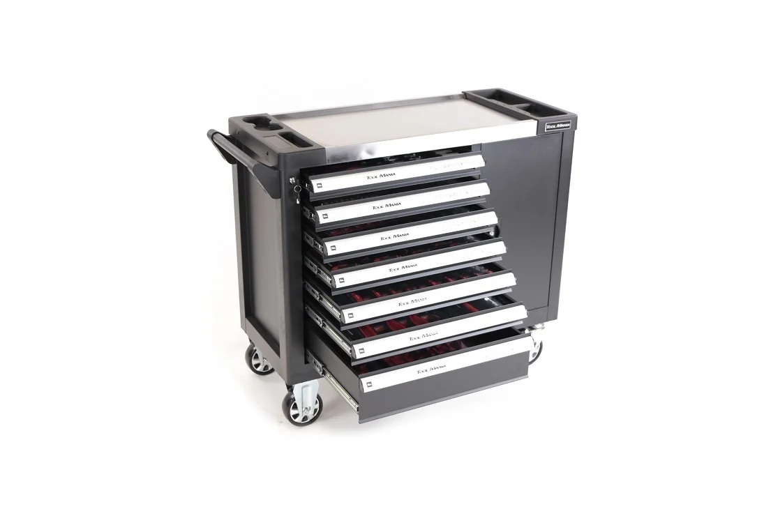 Chariot à outils XL Premium TM, rempli de 274 pièces, avec porte et incrustations en carbone.