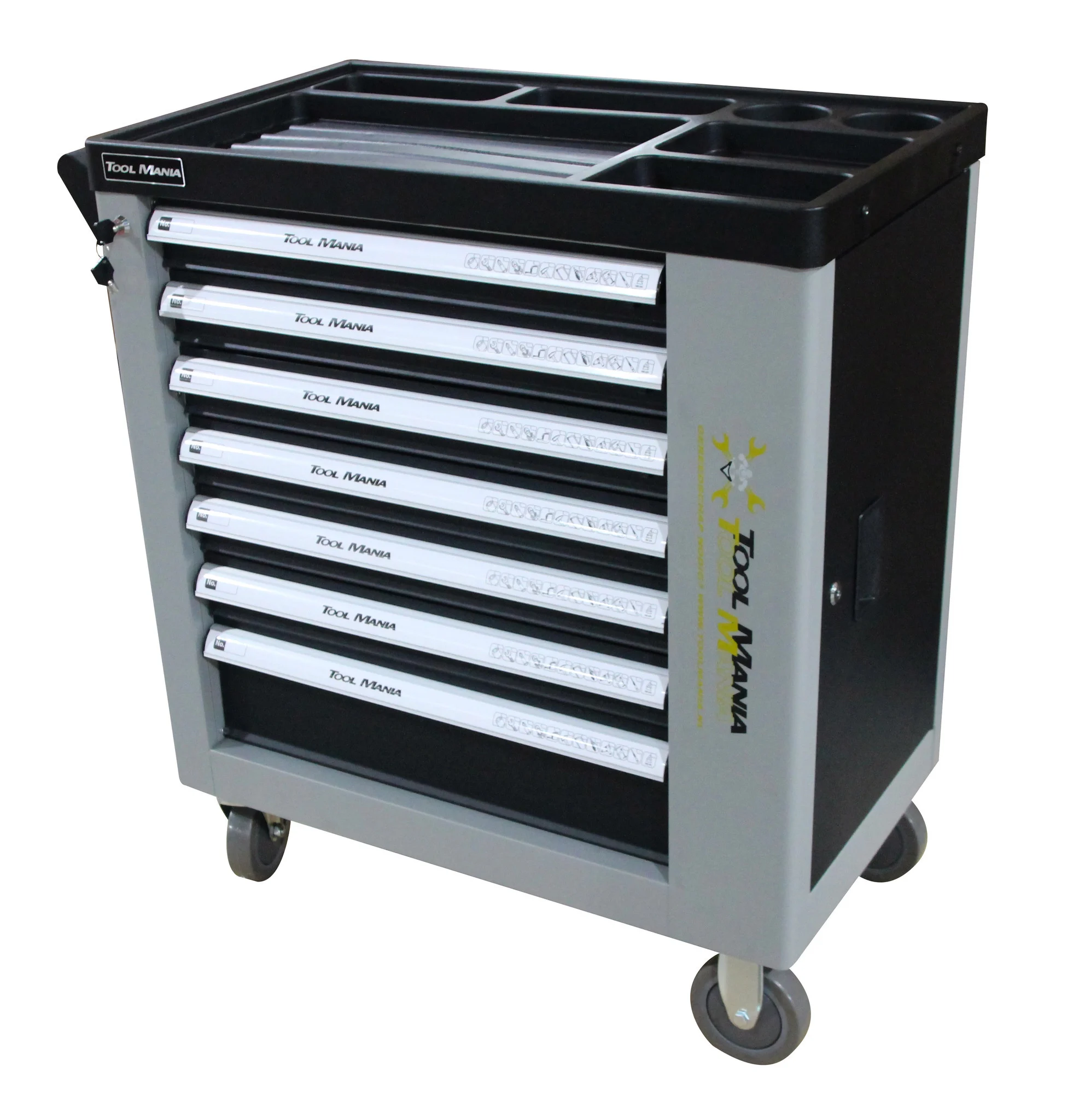 Chariot à outils TM rempli de 262 pièces avec 7 tiroirs et porte avec inserts en mousse.