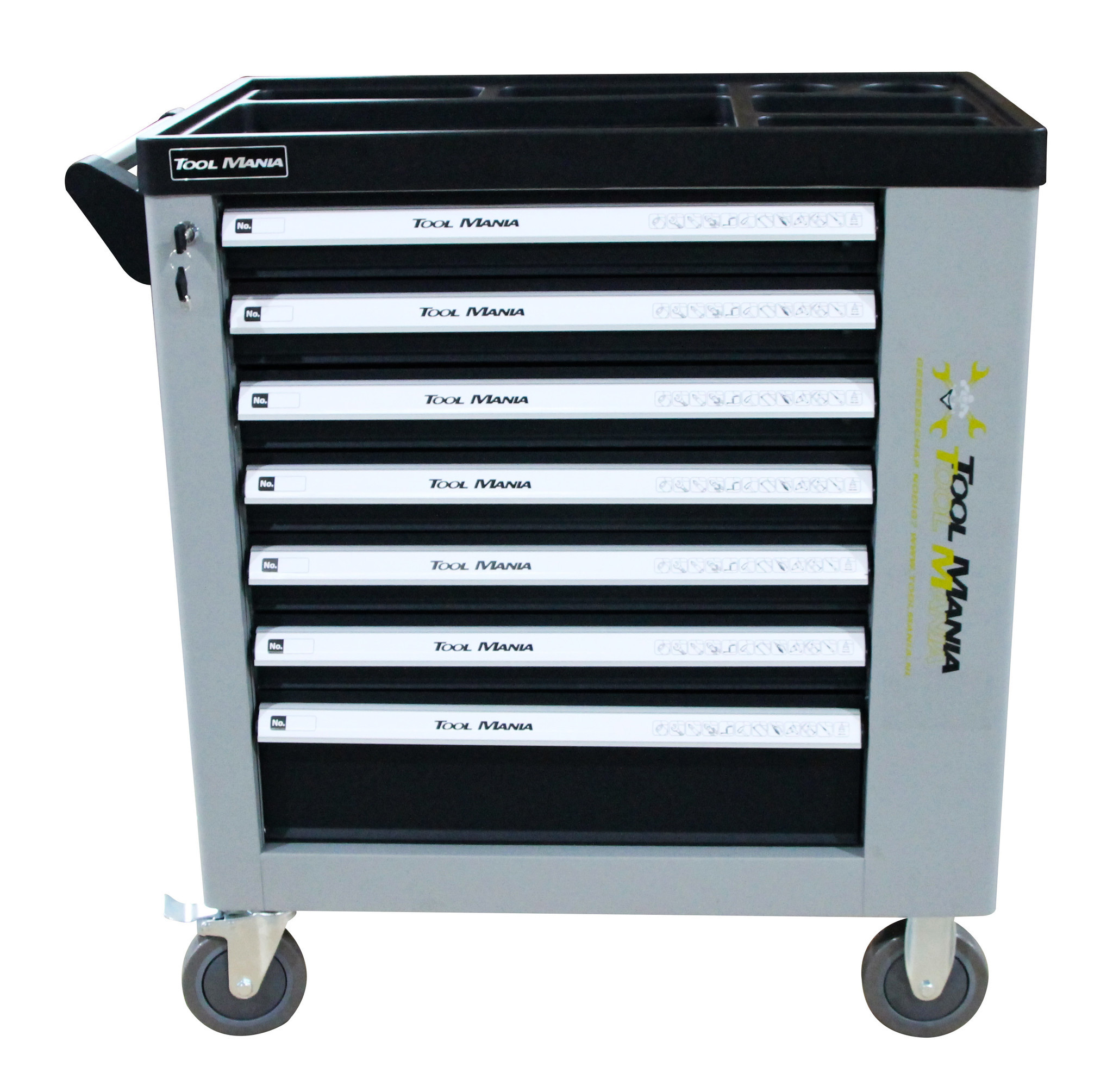 Chariot à outils TM rempli de 262 pièces avec 7 tiroirs et porte avec inserts en mousse.