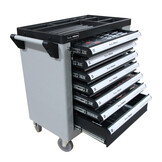 Chariot à outils TM rempli de 262 pièces avec 7 tiroirs et porte avec inserts en mousse.