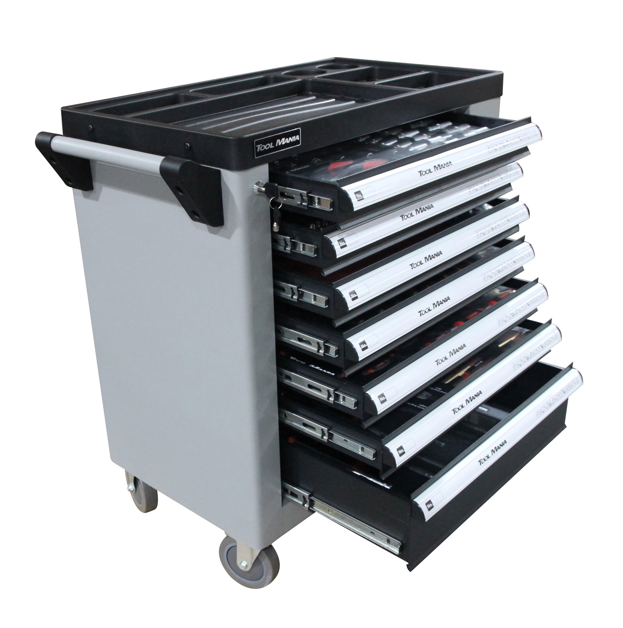 Chariot à outils TM rempli de 262 pièces avec 7 tiroirs et porte avec inserts en mousse.