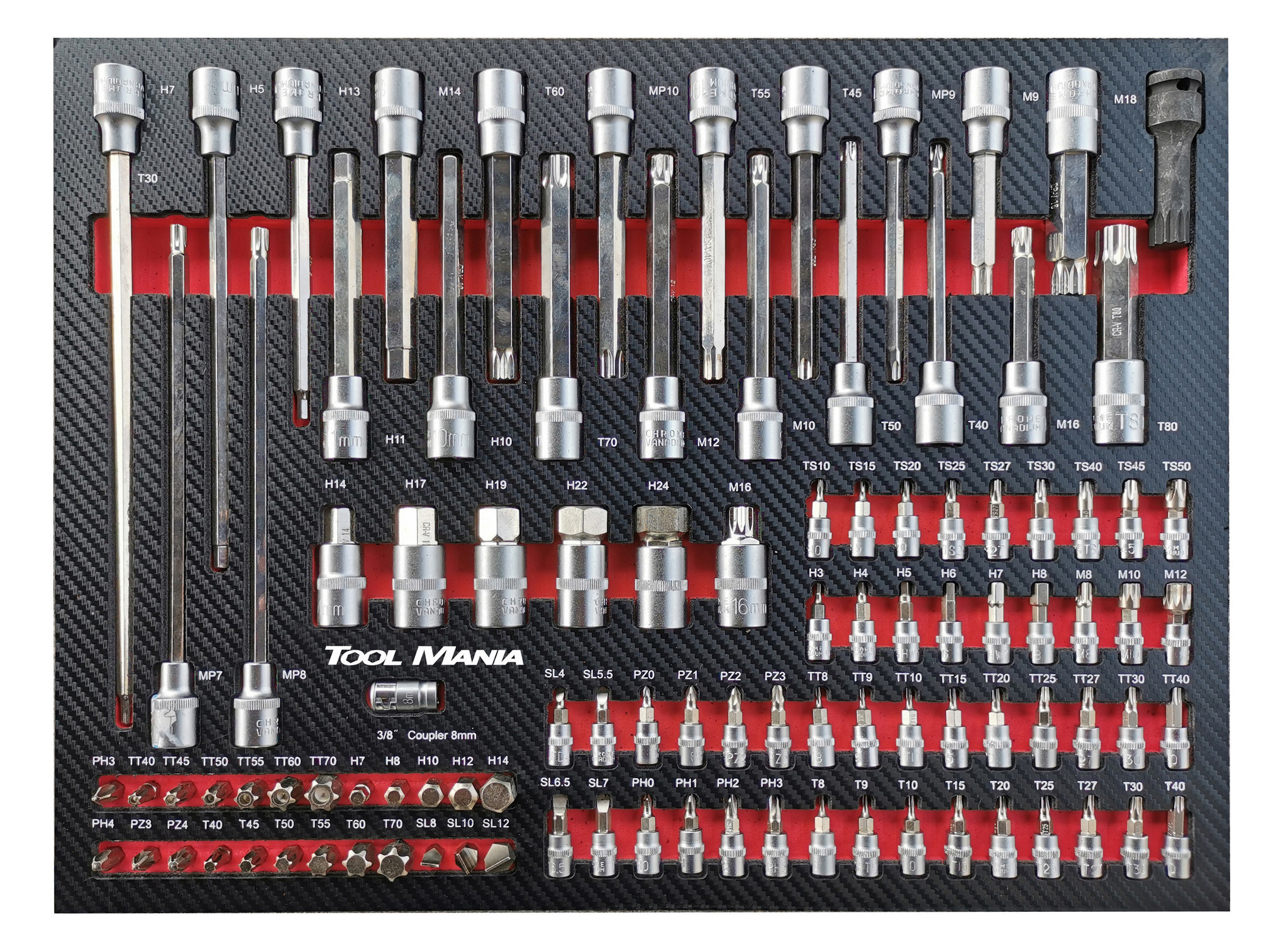 Chariot à outils TM rempli de 262 pièces avec 7 tiroirs et porte avec inserts en mousse.
