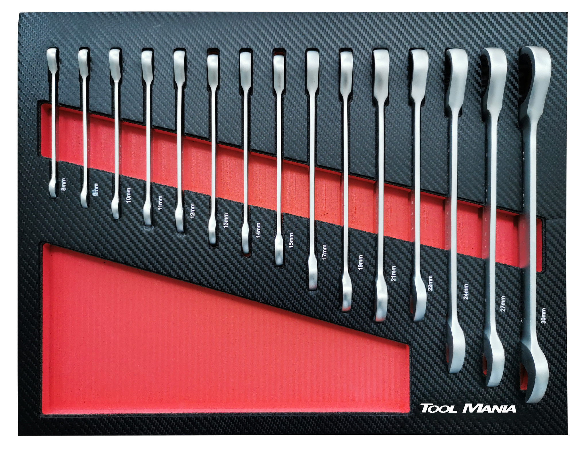 Chariot à outils TM rempli de 262 pièces avec 7 tiroirs et porte avec inserts en mousse.