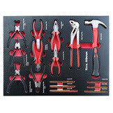 Chariot à outils TM rempli de 262 pièces avec 7 tiroirs et porte avec inserts en mousse.