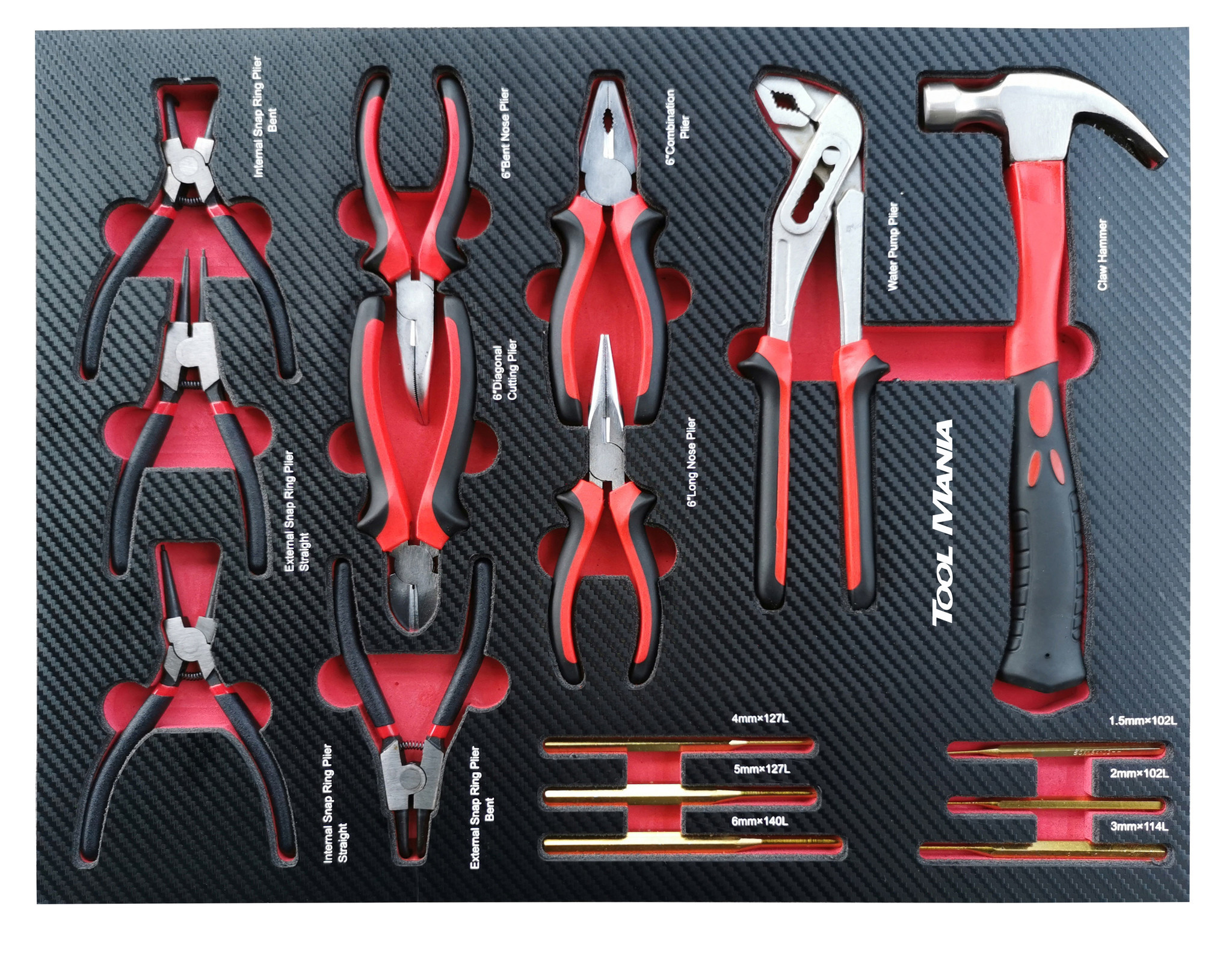 Chariot à outils TM rempli de 262 pièces avec 7 tiroirs et porte avec inserts en mousse.