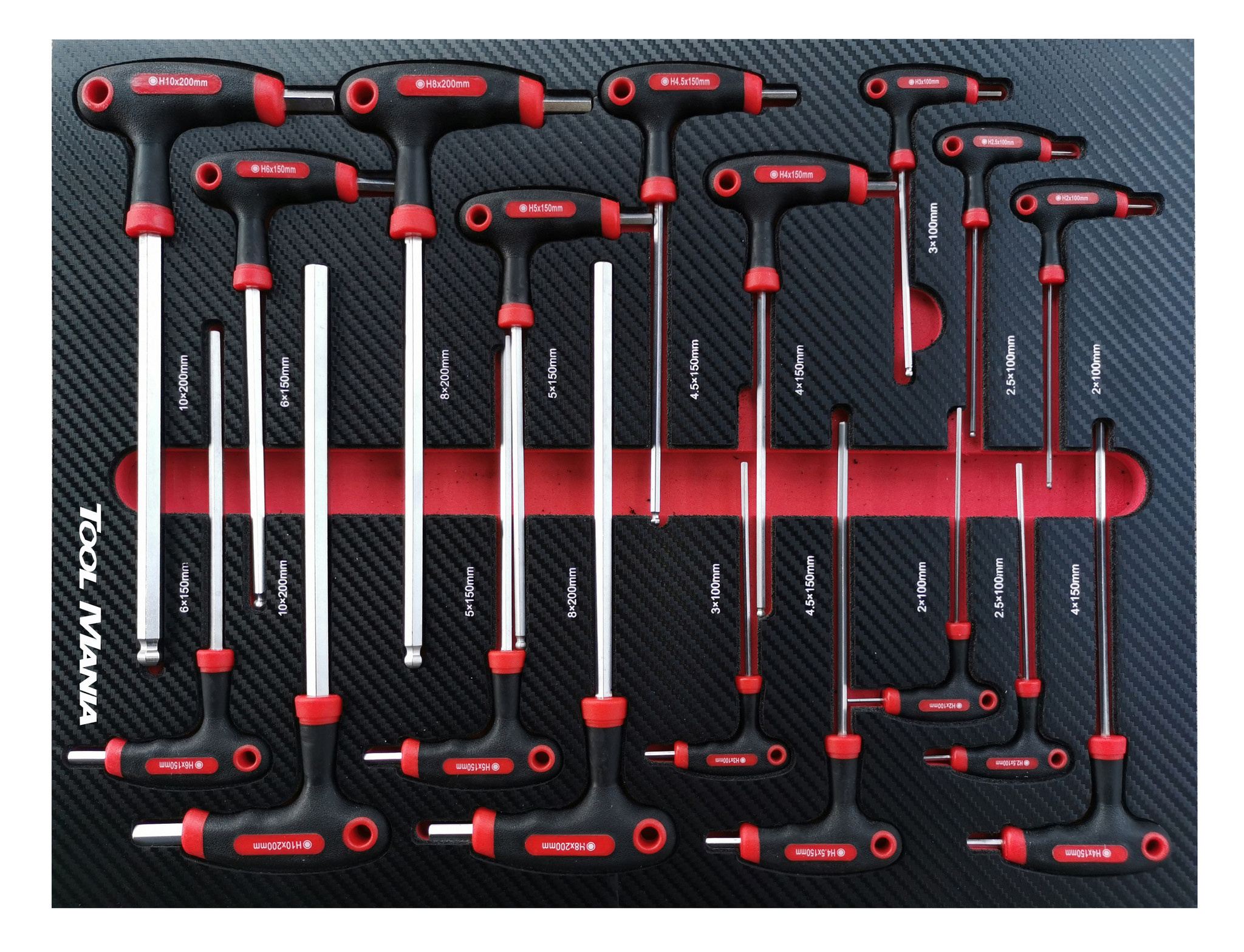 Chariot à outils TM rempli de 262 pièces avec 7 tiroirs et porte avec inserts en mousse.