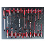 Chariot à outils TM rempli de 262 pièces avec 7 tiroirs et porte avec inserts en mousse.