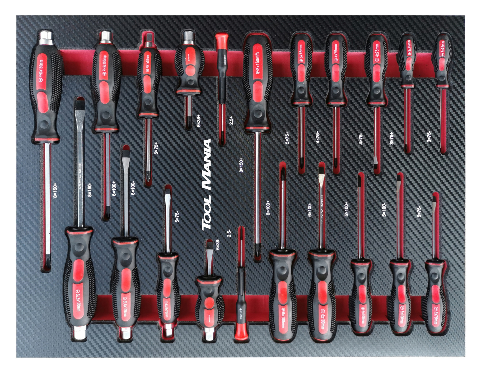 Chariot à outils TM rempli de 262 pièces avec 7 tiroirs et porte avec inserts en mousse.
