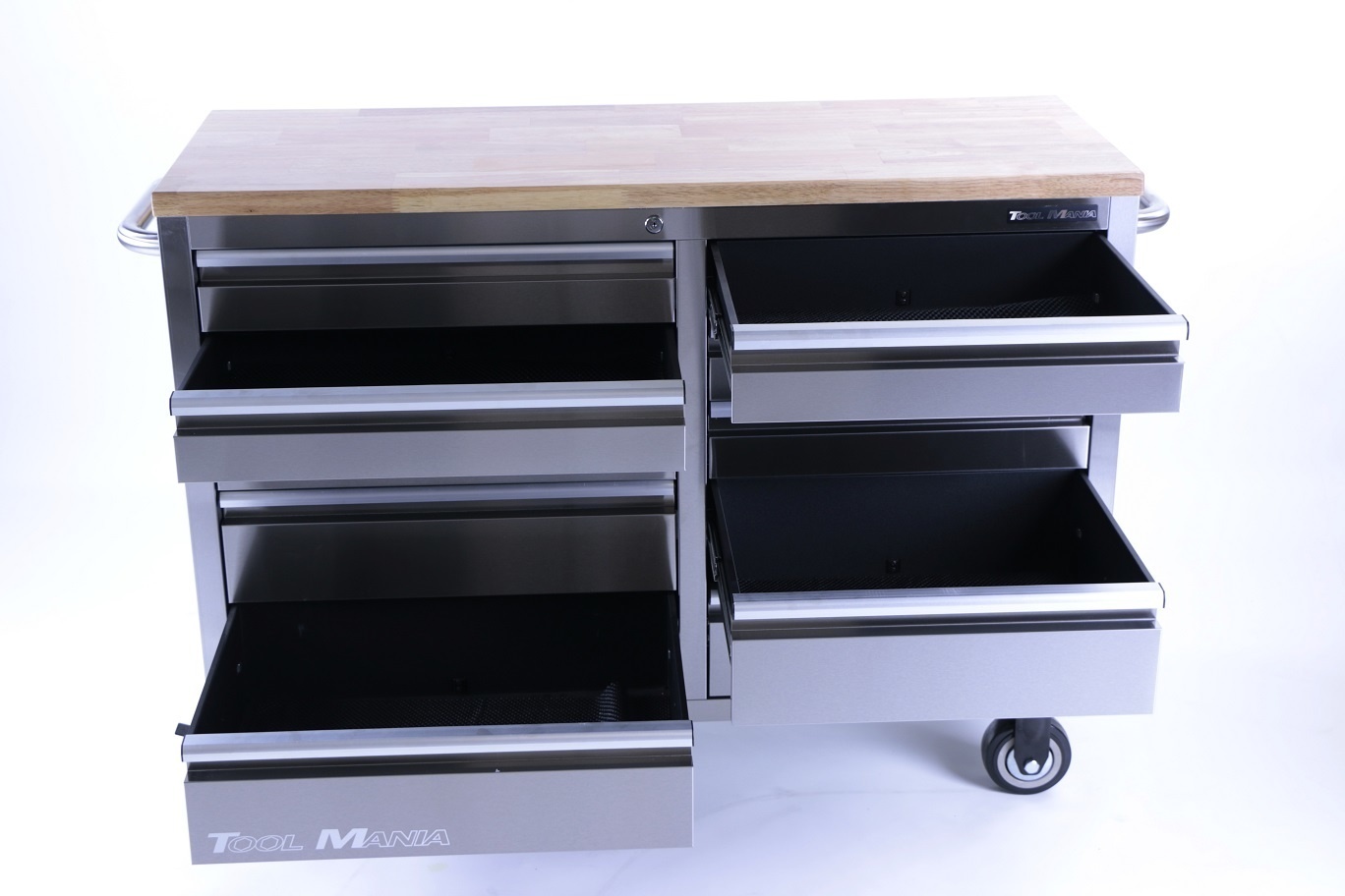 TM 136 cm - Chariot à outils / Établi professionnel en acier inoxydable avec plateau en bois.