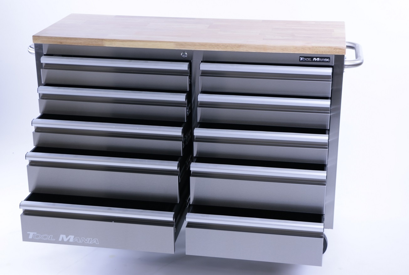 TM 136 cm - Chariot à outils / Établi professionnel en acier inoxydable avec plateau en bois.