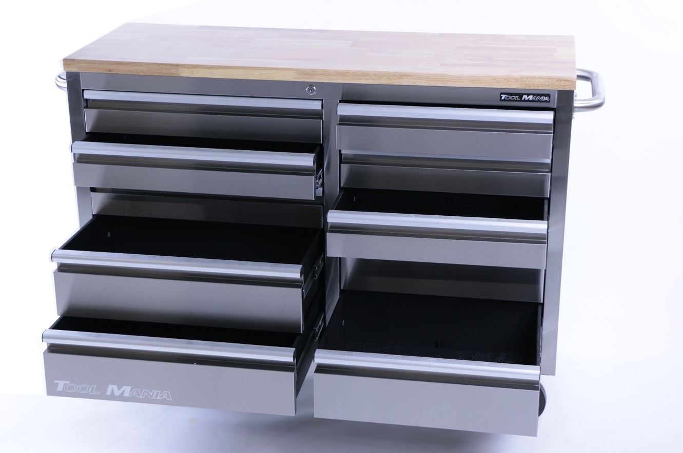 TM 136 cm - Chariot à outils / Établi professionnel en acier inoxydable avec plateau en bois.