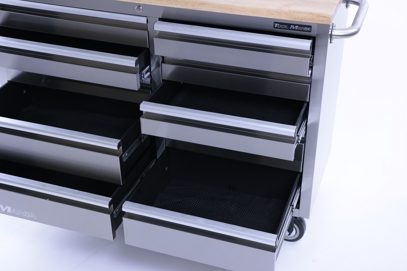 TM 136 cm - Chariot à outils / Établi professionnel en acier inoxydable avec plateau en bois.