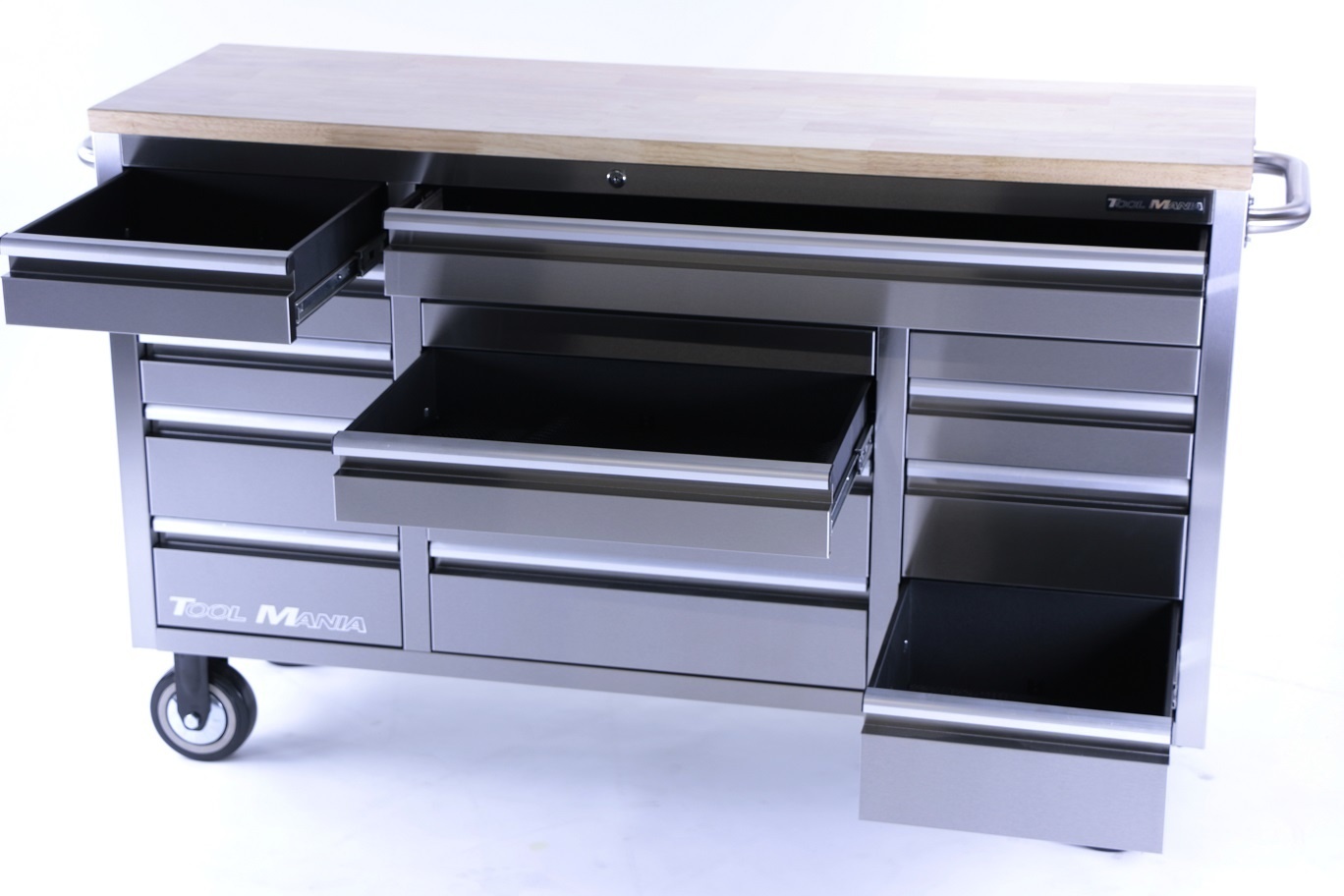 TM 161 cm - Chariot à outils / Établi professionnel en acier inoxydable avec plateau en bois.