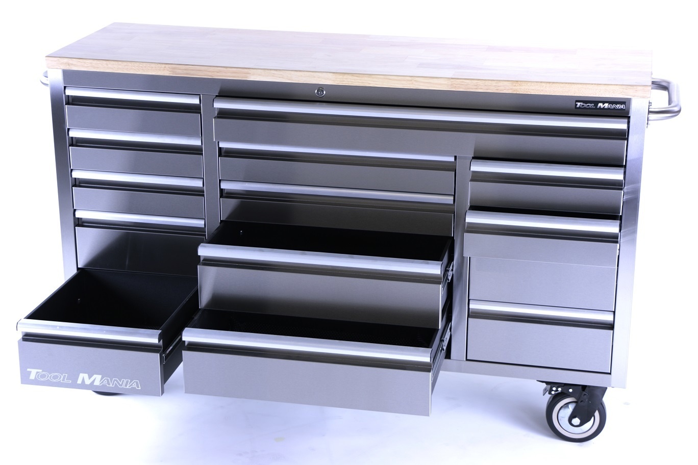 TM 161 cm - Chariot à outils / Établi professionnel en acier inoxydable avec plateau en bois.