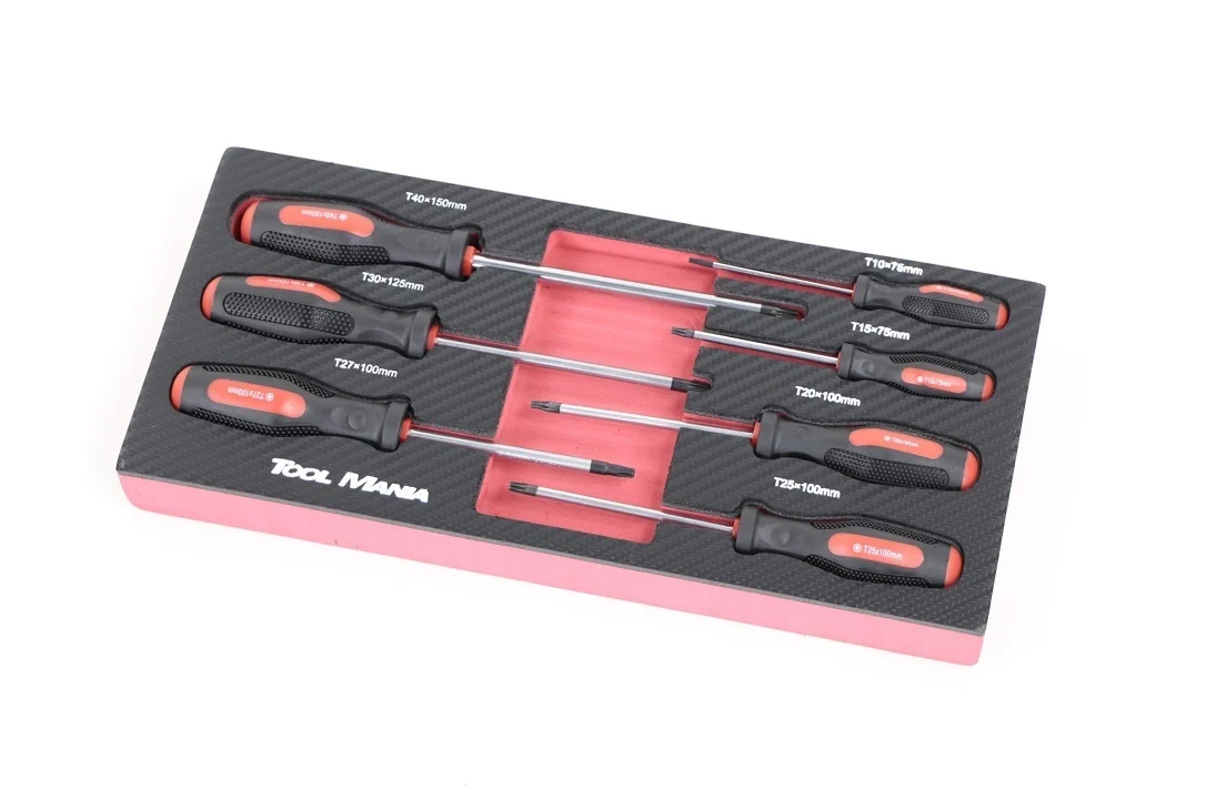 TM Ensemble de 7 tournevis Torx avec plateau en mousse à l'aspect carbone