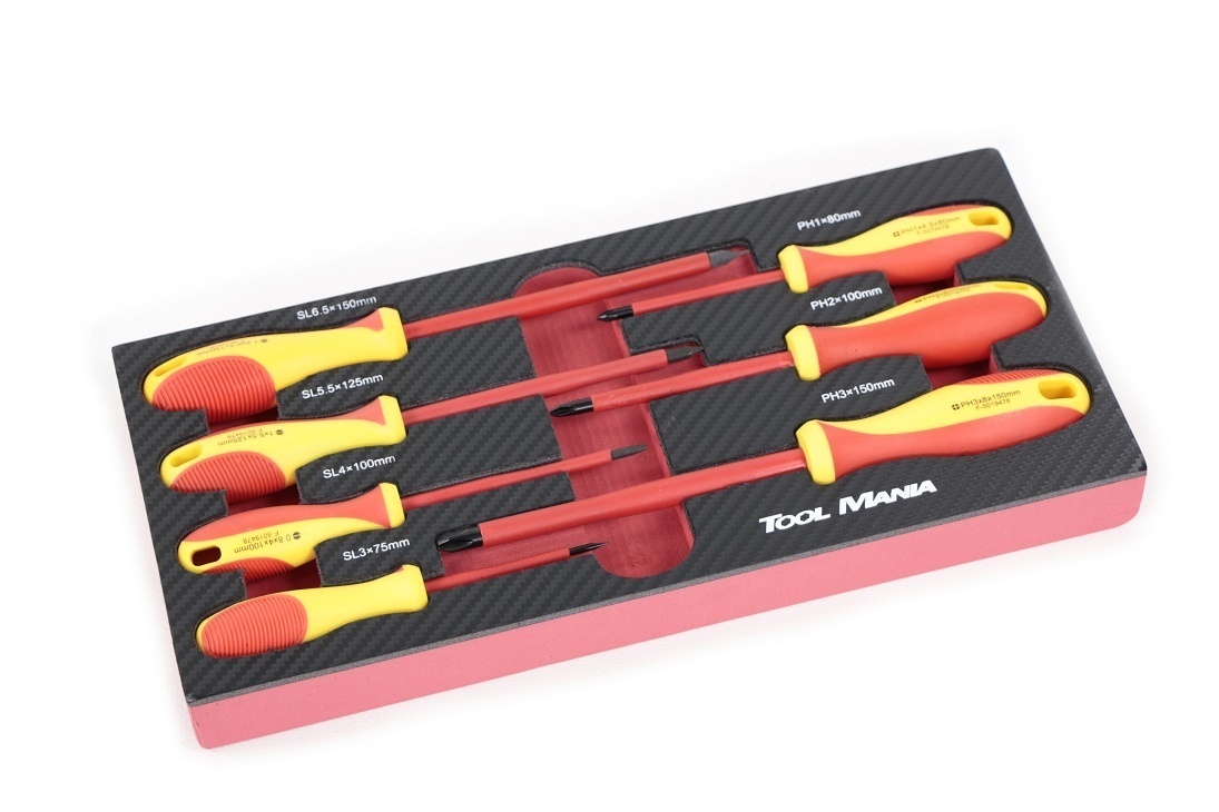 TM Ensemble de 7 tournevis isolés VDE avec plateau en mousse à l'aspect carbone