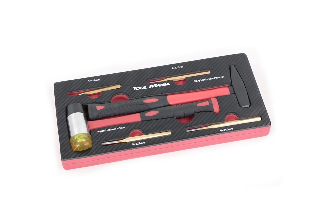 TM Ensemble de 6 marteaux avec poinçon et mousse à l'aspect carbone dans le plateau