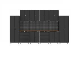 Aménagement d'atelier haut de gamme en noir avec établi et armoires à outils, comprenant 16 pièces