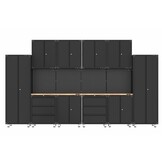 Aménagement d'atelier haut de gamme en noir avec établi et armoires à outils, comprenant 16 pièces