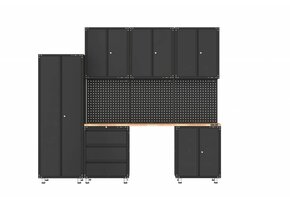 Aménagement d'atelier haut de gamme en noir avec établi et armoires à outils, comprenant 10 pièces.