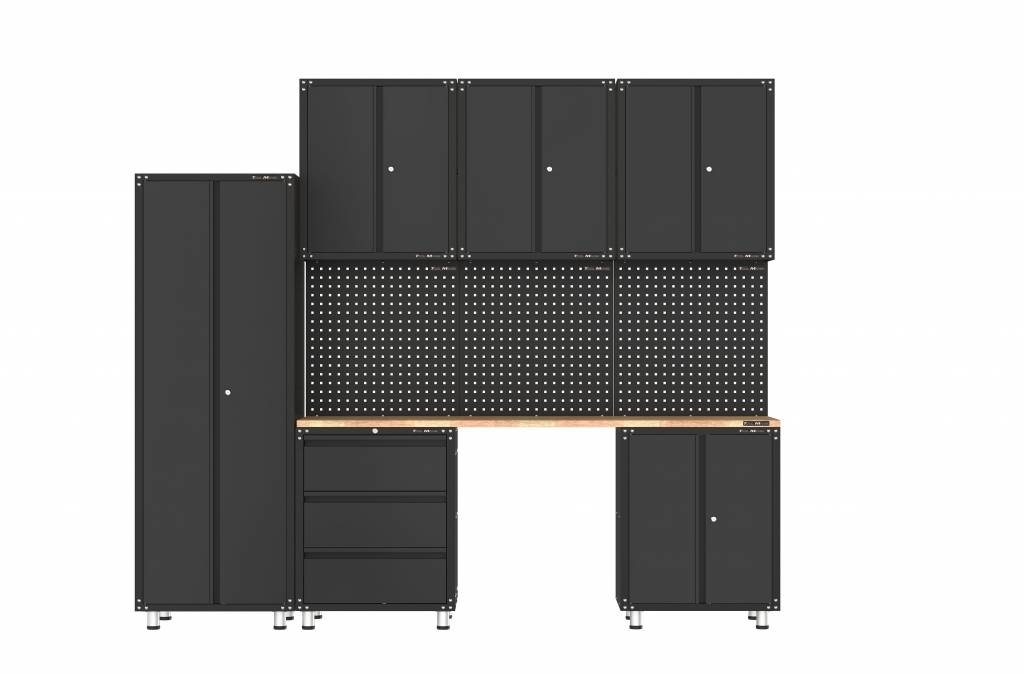 Aménagement d'atelier haut de gamme en noir avec établi et armoires à outils, comprenant 10 pièces.