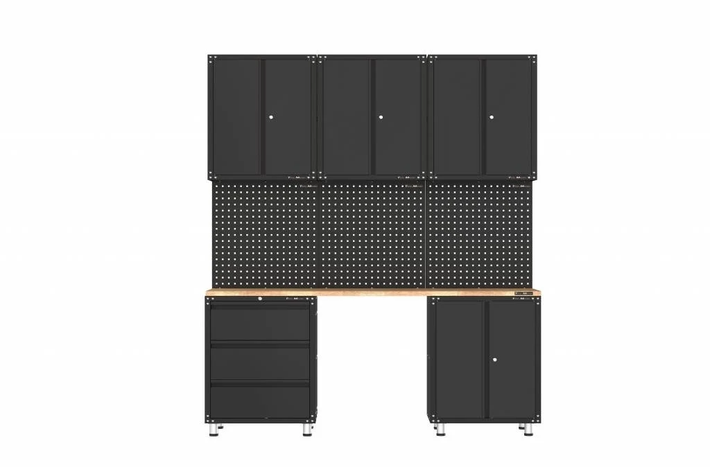 Aménagement d'atelier haut de gamme en noir avec établi et armoires à outils, comprenant 9 pièces.