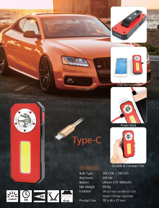 Lampe de poche / Lampe de travail à LED étroite rechargeable TM avec batterie externe